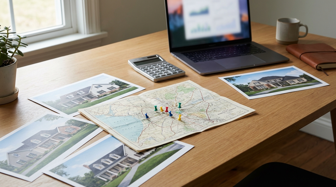Analyst desk with property photos, map, calculator, and laptop