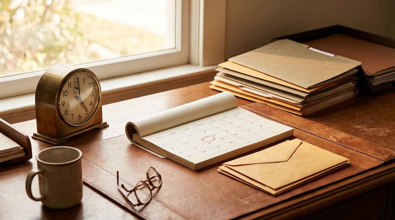Desk clock, envelopes, and calendar with a circled filing date