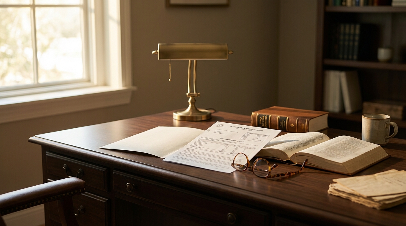Desk with legal books and property appraisal notice